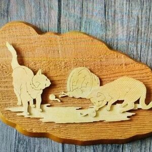 Hand Crafted Cat Wooden Wall Art, Kittens Playing w Yarn, Handmade Rustic 10x8